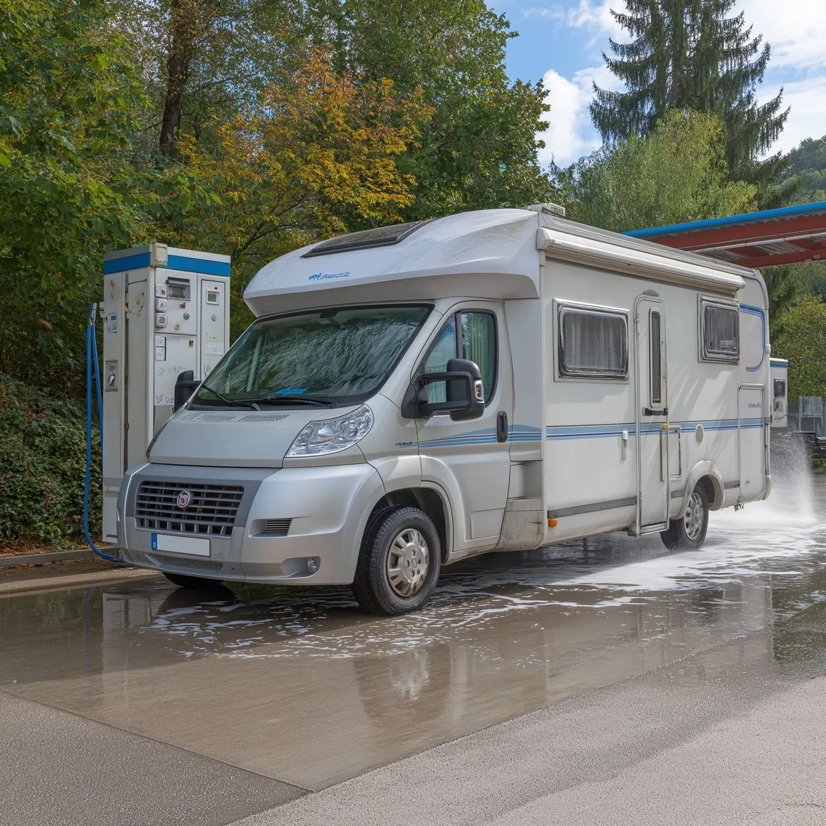 Wohnmobil auf einem geräumigen Waschplatz mit Hochdruckreiniger